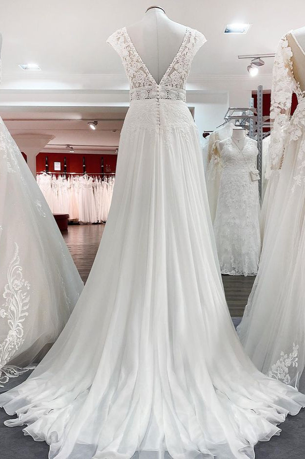 Simple Long A-line V-neck Tulle Wedding Dress with Appliques Lace