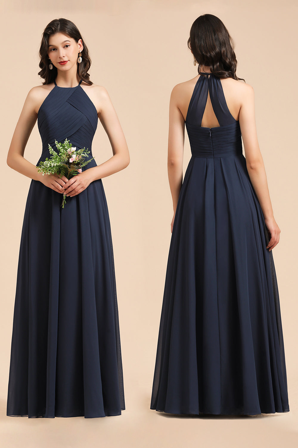 Long A-line Halter Chiffon Bridesmaid Dress Dark Navy Evening Maxi Dress