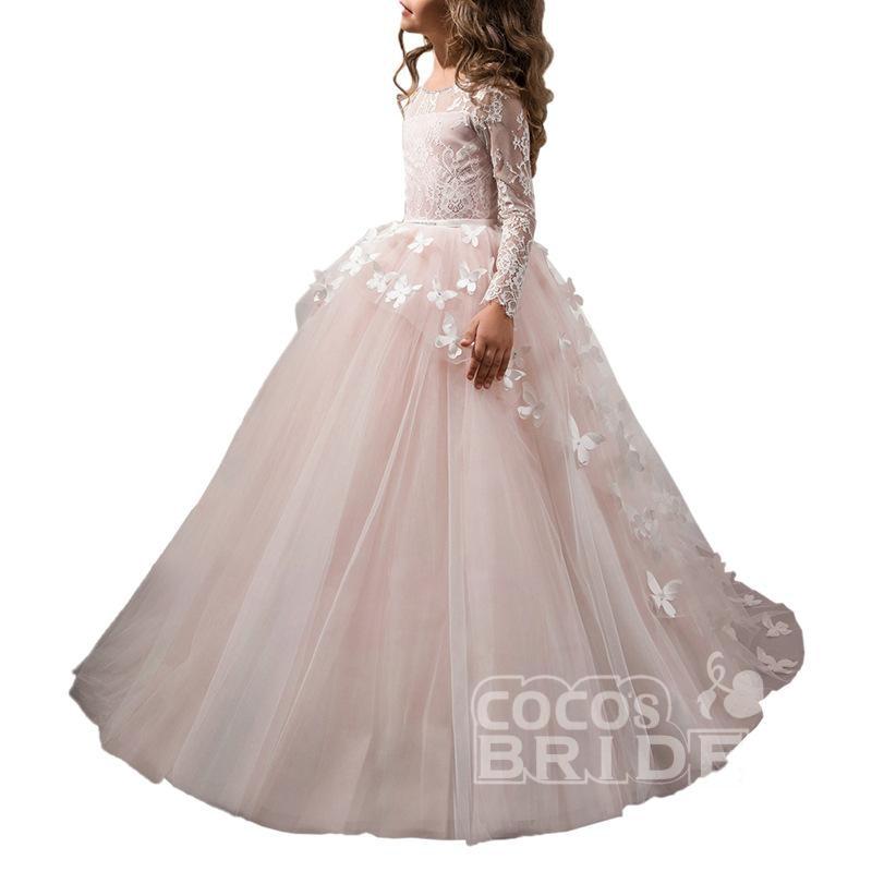 White Scoop Neck Long Sleeves Ball Gown Tulle Lace Flower Girl Dress