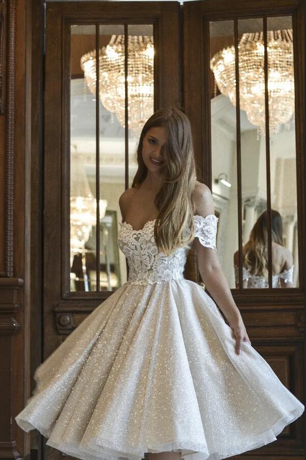 Beautiful Short A-line Glitter Off the Shoulder Lace Appliques Wedding Dress