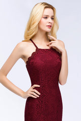 Mermaid Floor Length Halter Lace Burgundy Bridesmaid Dresses