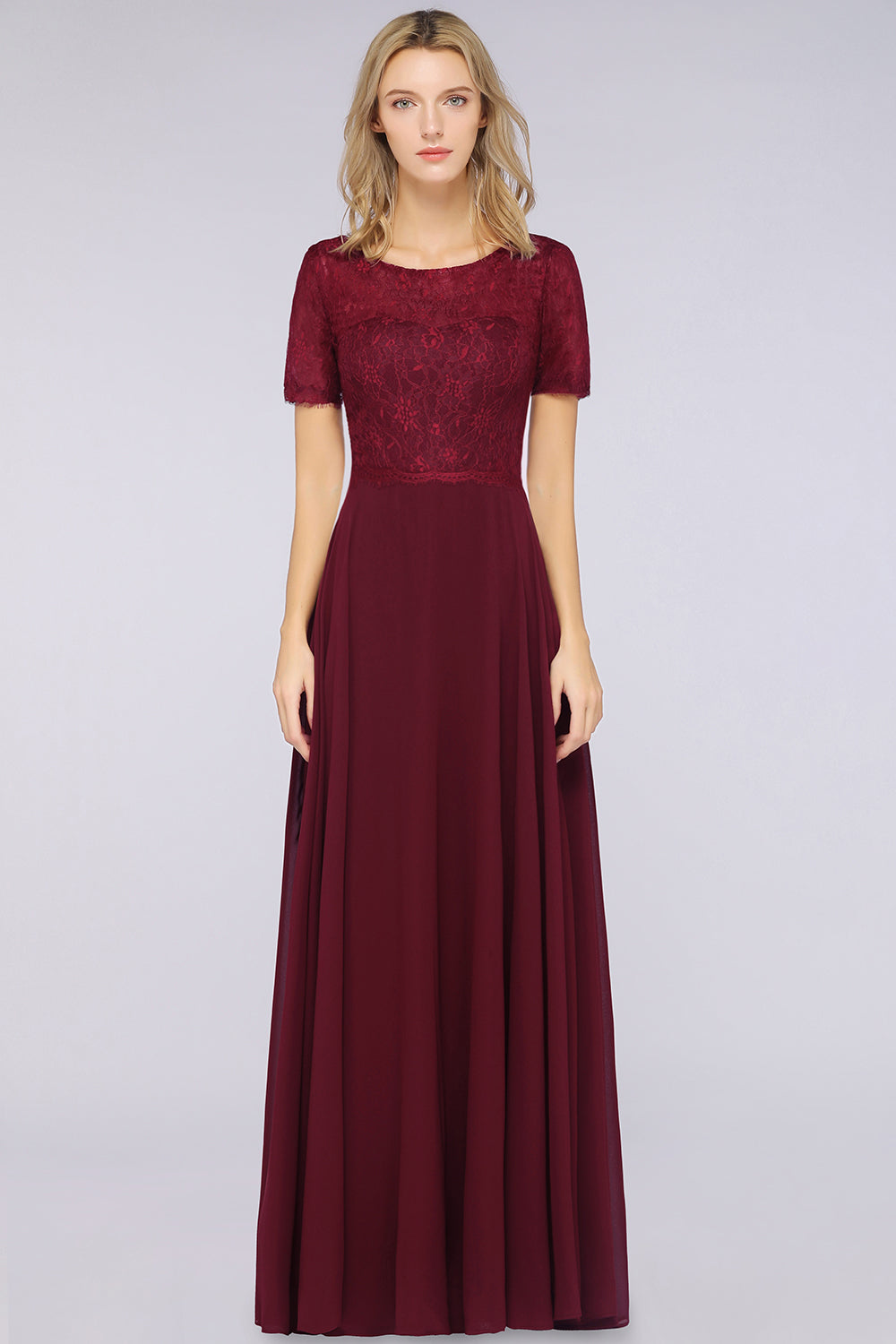 A-Line Chiffon Lace Round-Neck Short Sleeves Floor Length Bridesmaid Dress