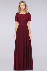 A-Line Chiffon Lace Round-Neck Short Sleeves Floor Length Bridesmaid Dress