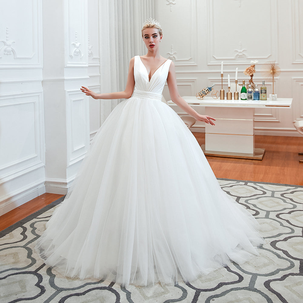 Long A-Line Tulle Wide Straps Deep V-neck Floor Length Wedding Dress