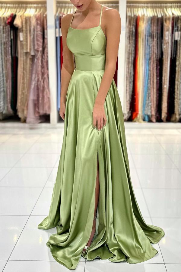 Chic Long A-line Spaghetti Straps Satin Backless Formal Prom Dress with Slit