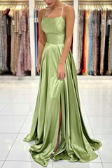 Chic Long A-line Spaghetti Straps Satin Backless Formal Prom Dress with Slit