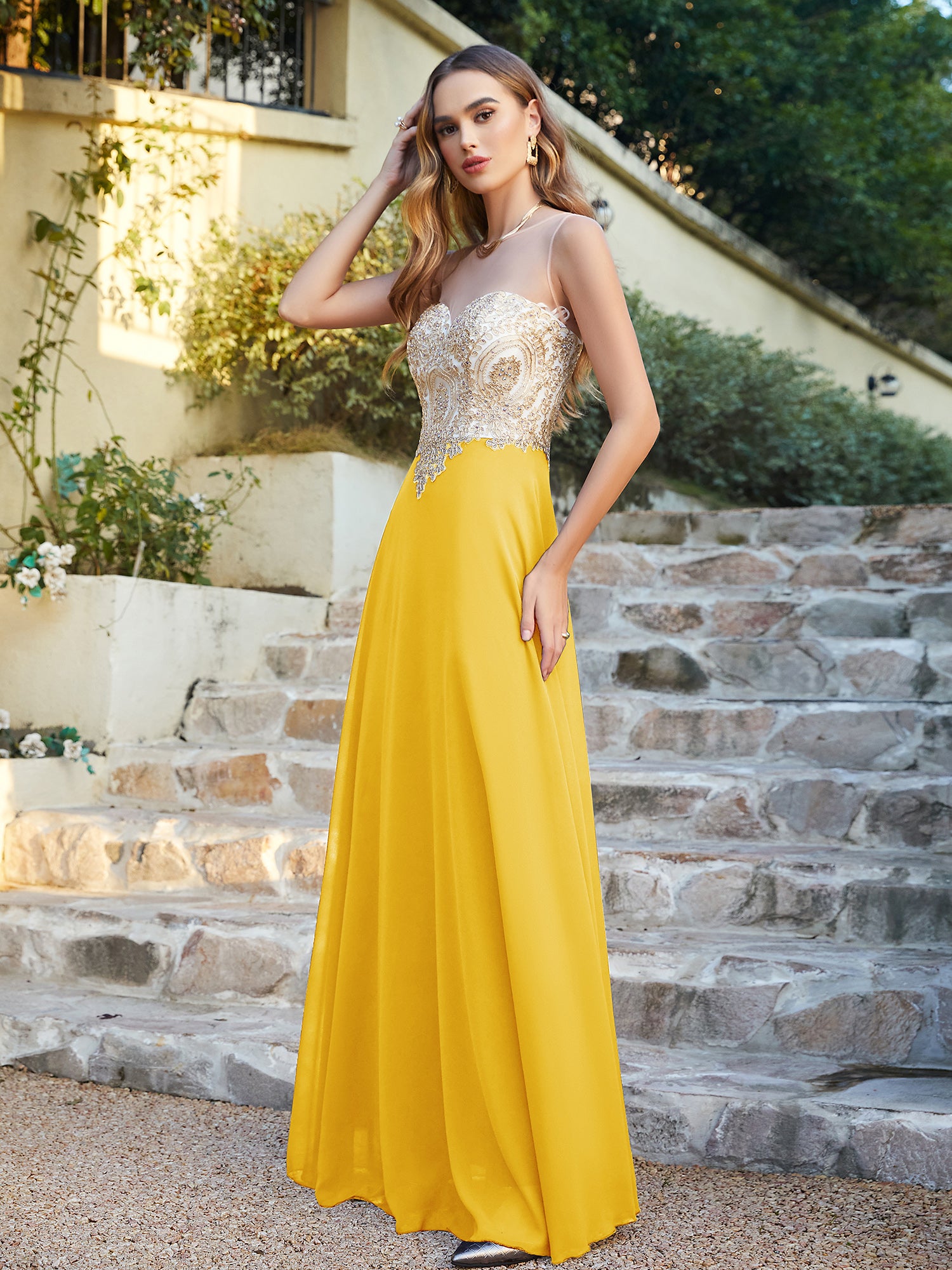 Elegant Long A-line Chiffon Sleeveless Tulle Lace Appliques Prom Dress