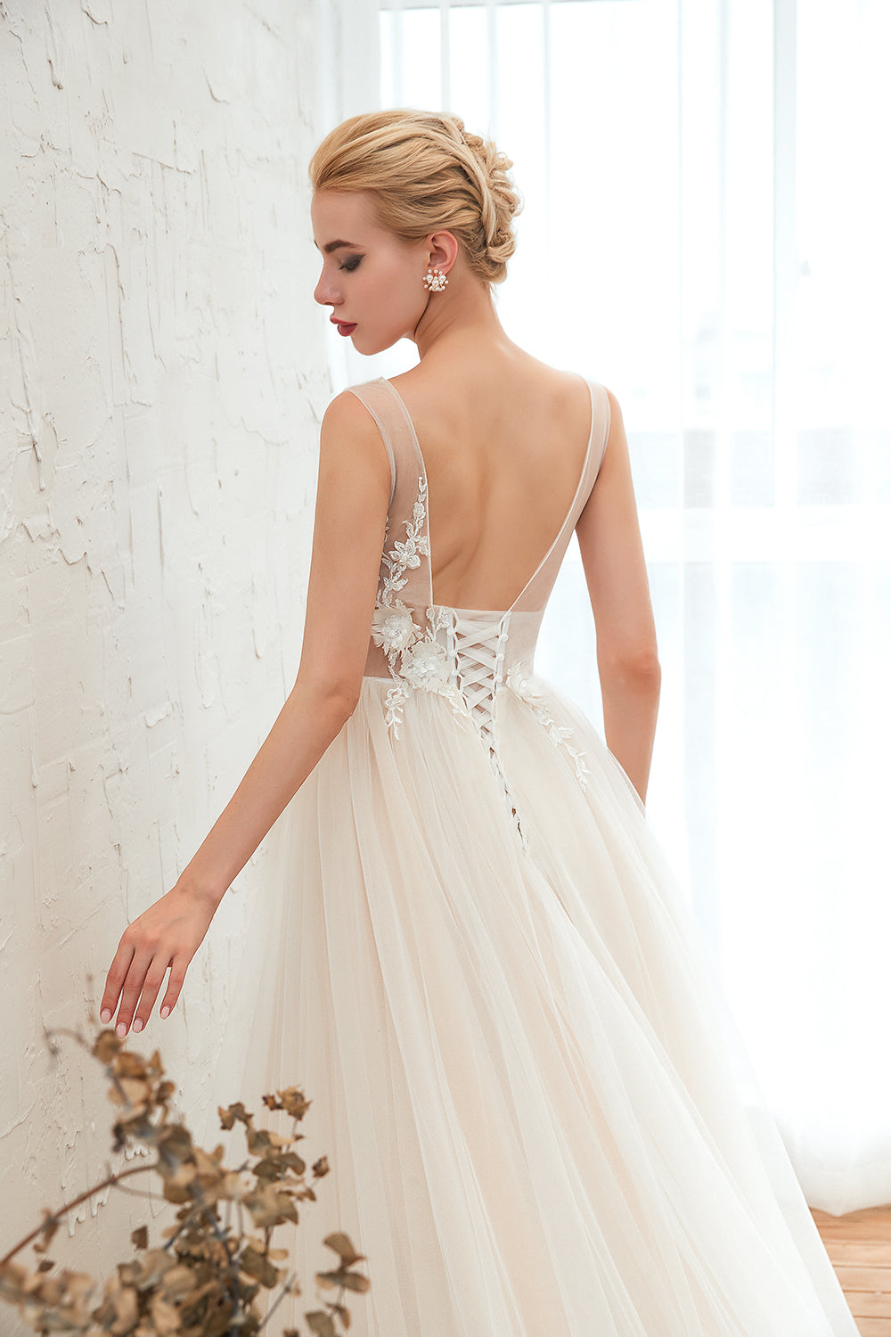 Long Wide Straps Deep V-neck A-Line Floor Length Tulle Wedding Dress