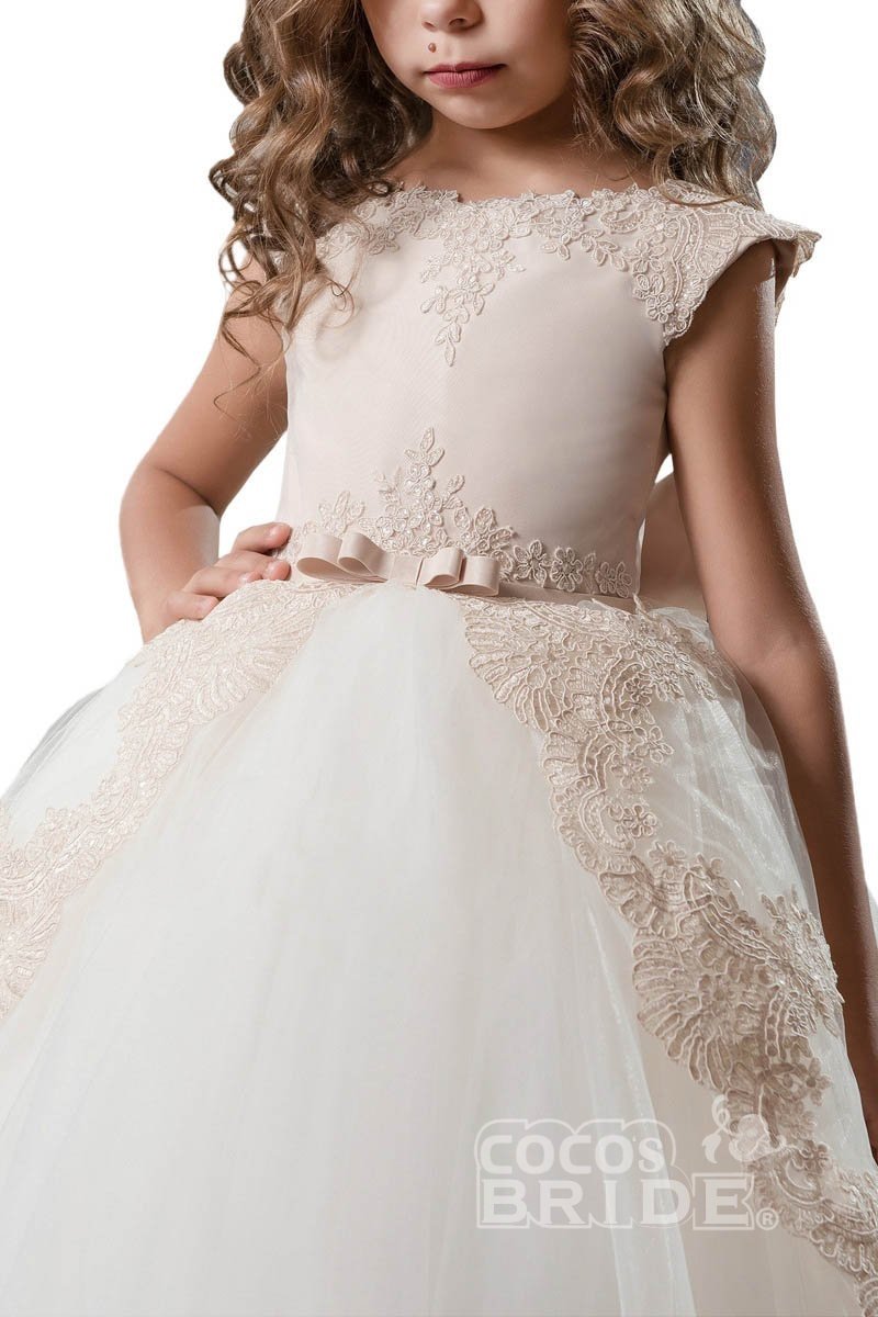 Long Tulle Scoop Neck Lace Ball Gown Flower Girl Dress