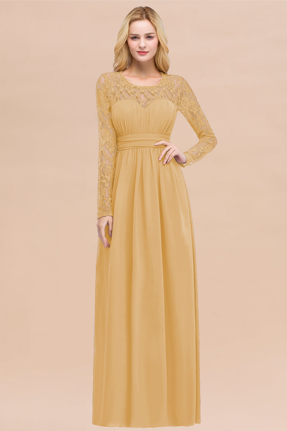 Elegant A-Line Chiffon Jewel Long Sleeves Ruffles Floor Length Bridesmaid Dresses