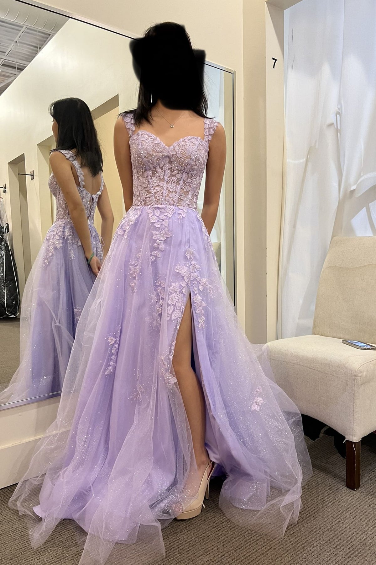 Long Sweetheart A-Line Appliques Lace Tulle Backless Prom Dress With Side Slit