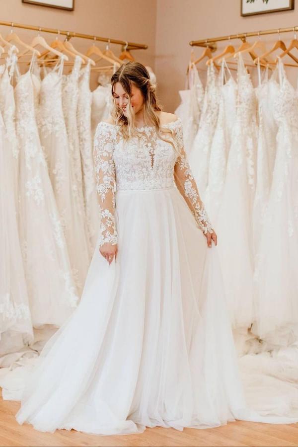 Simple Plus Size Long A-Line Off the Shoulder Tulle Lace Wedding Dress With Long Sleeves