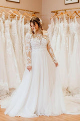 Simple Plus Size Long A-Line Off the Shoulder Tulle Lace Wedding Dress With Long Sleeves