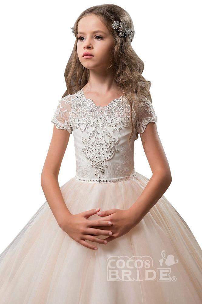 Long Scoop Neck Tulle Lace Ball Gown Flower Girl Dress