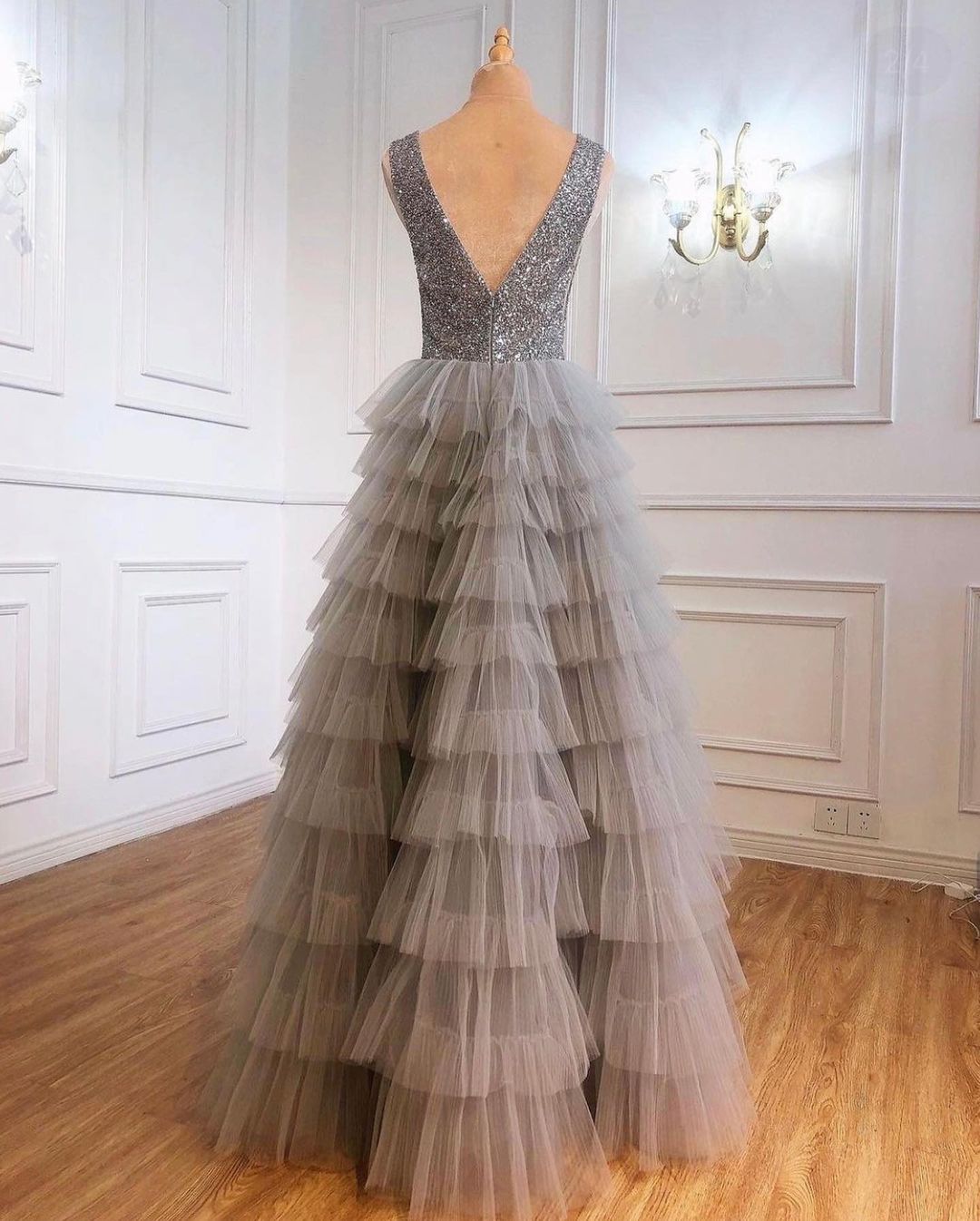 Long A-line V-neck Open Back Sequins Tulle Floor Length Prom Dress