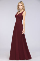 A-Line Chiffon V-Neck Straps Sleeveless Ruffles Floor Length Bridesmaid Dress with Open Back