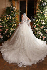 Flower Tulle Strapless A-line Long Wedding Dress with Appliques Lace