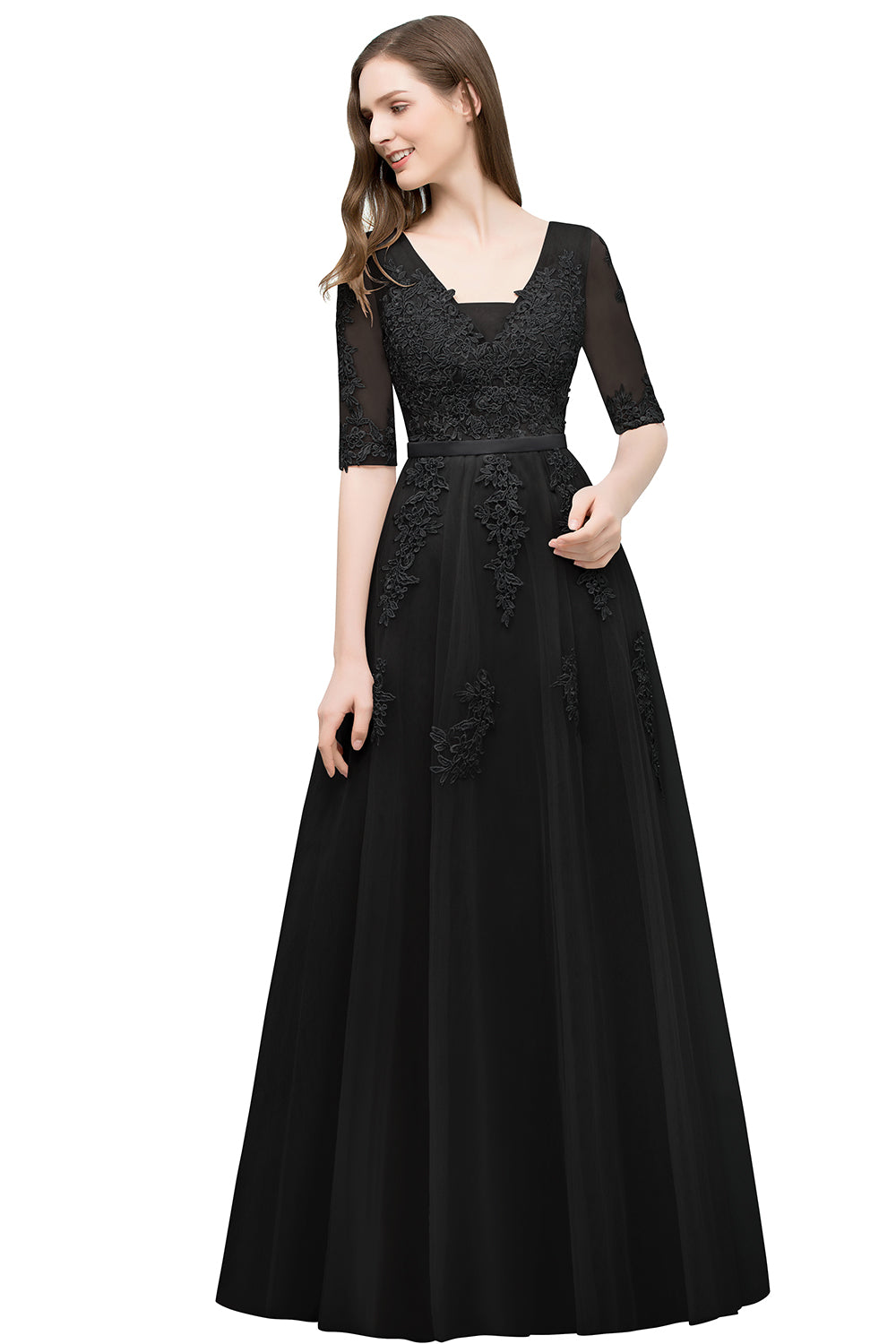 Long V-neck Tulle Lace A-line Evening Dress with Sleeves