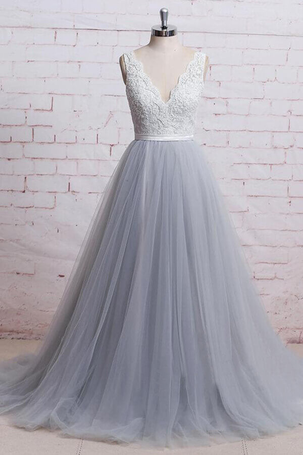 Elegant Long V-neck Lace Tulle A-line Wedding Dress