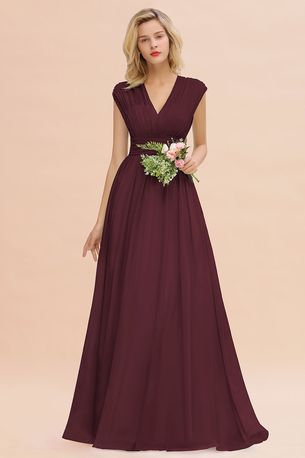 Chiffon V-Neck Sleeveless Elegant A-line Ruffles Bridesmaid Dress