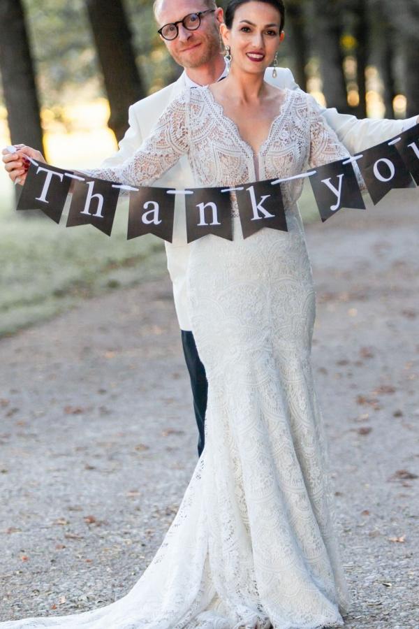 Long Sleeve Lace V-Neck Mermaid Wedding Dress with Open Back