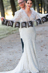 Long Sleeve Lace V-Neck Mermaid Wedding Dress with Open Back