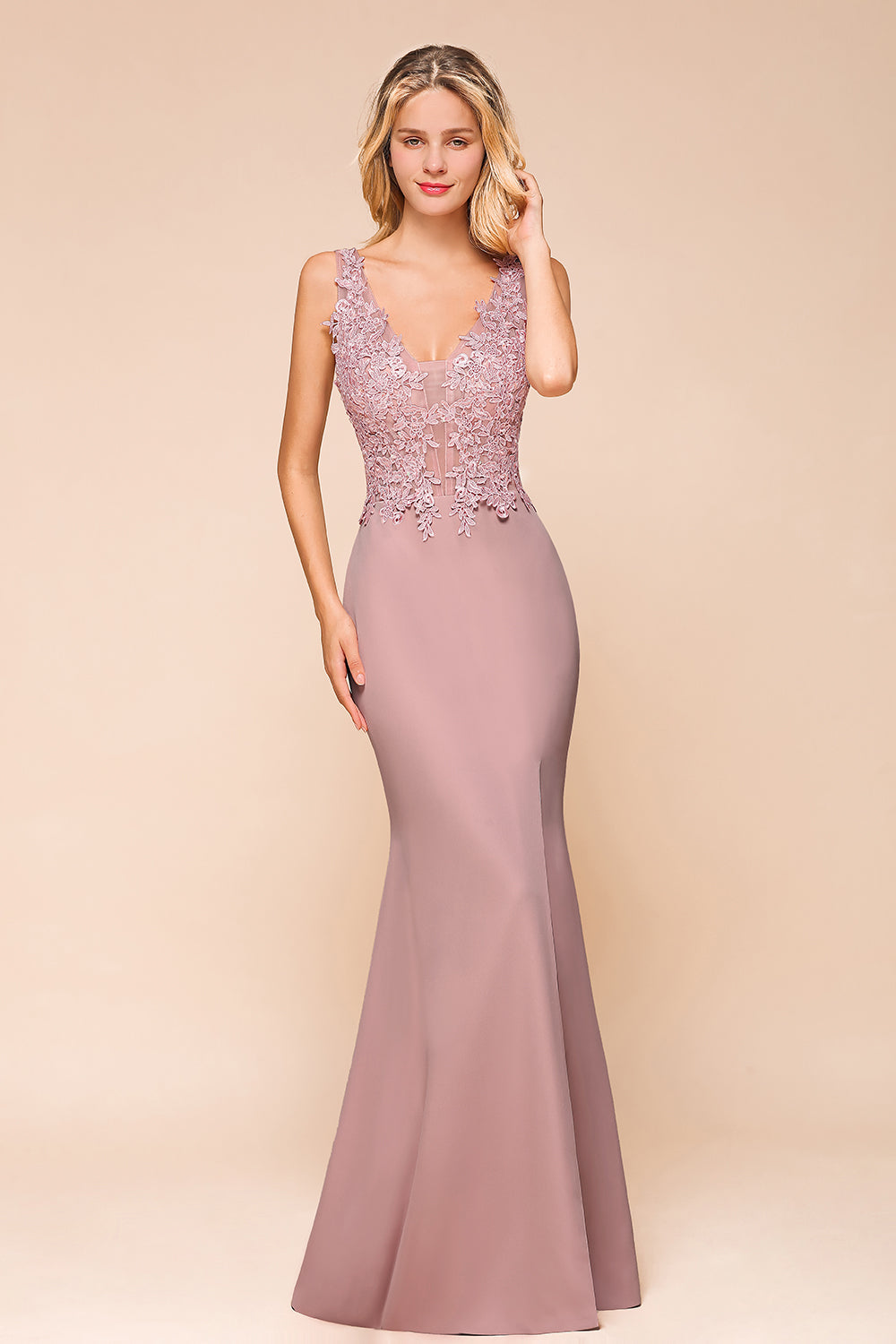Dusty Pink Long Mermaid Lace Sleeveless Evening Gowns