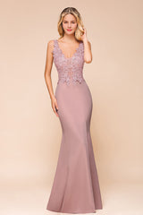 Dusty Pink Long Mermaid Lace Sleeveless Evening Gowns