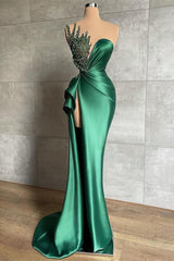Long Mermaid Sweetheart Satin Beads Formal Prom Dress with Slit