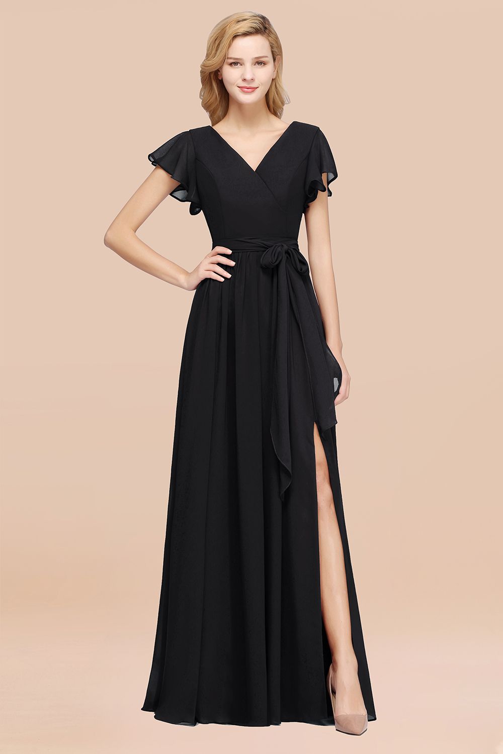 A-line Chiffon V-Neck Short Sleeves Floor Length Bridesmaid Dresses with Bow Sash