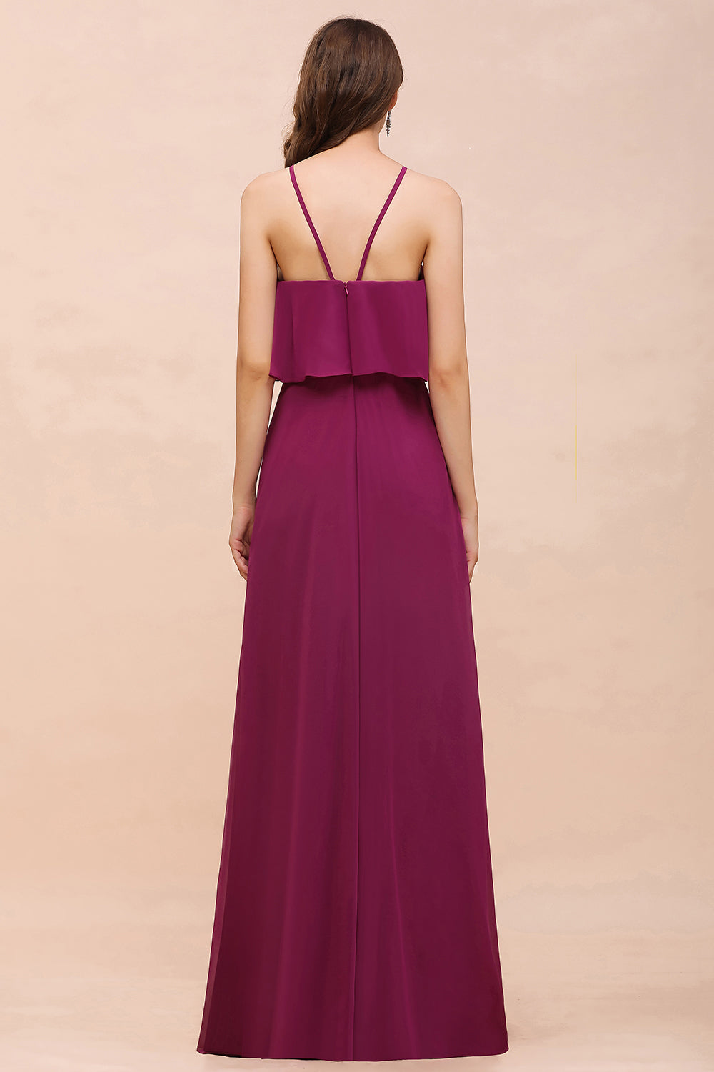 Stylish Long A-line Chiffon Halter Mulberry Bridesmaid Dress with Pockets