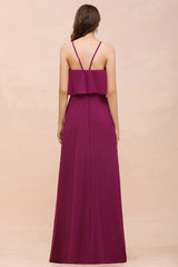 Stylish Long A-line Chiffon Halter Mulberry Bridesmaid Dress with Pockets