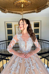 Long Sleeve A Line Champagne Appliques Tulle Wedding Dress with Ruffles