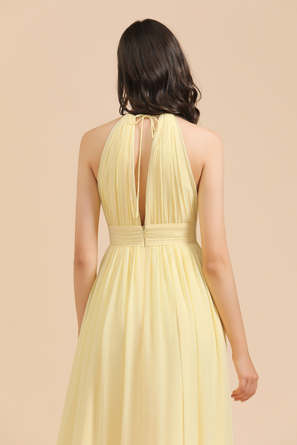 Long A-line Halter Pleated Chiffon Daffodil Bridesmaid Dress with Slit