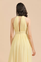 Long A-line Halter Pleated Chiffon Daffodil Bridesmaid Dress with Slit