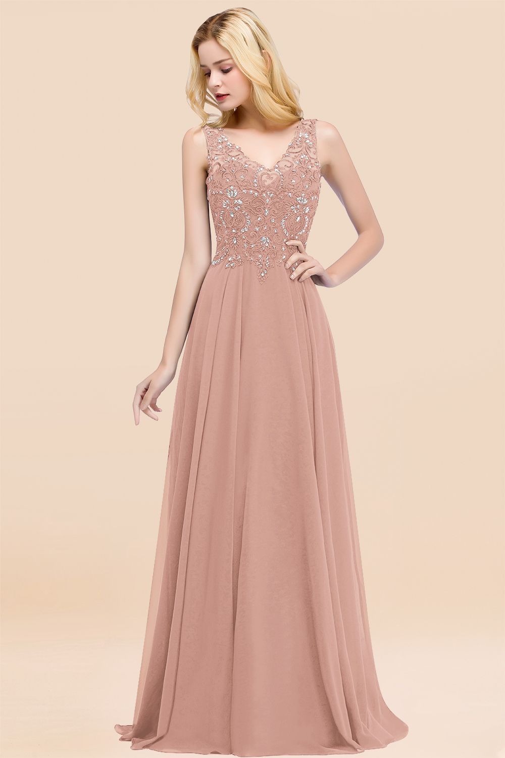 Dusty Rose Lace V-Neck Long Bridesmaid Dresses With Appliques