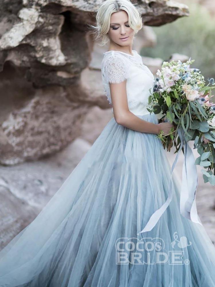 Two Piece A-line Long Sweep Train Tulle Wedding Dresses with Short Sleeves
