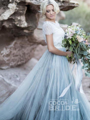 Two Piece A-line Long Sweep Train Tulle Wedding Dresses with Short Sleeves