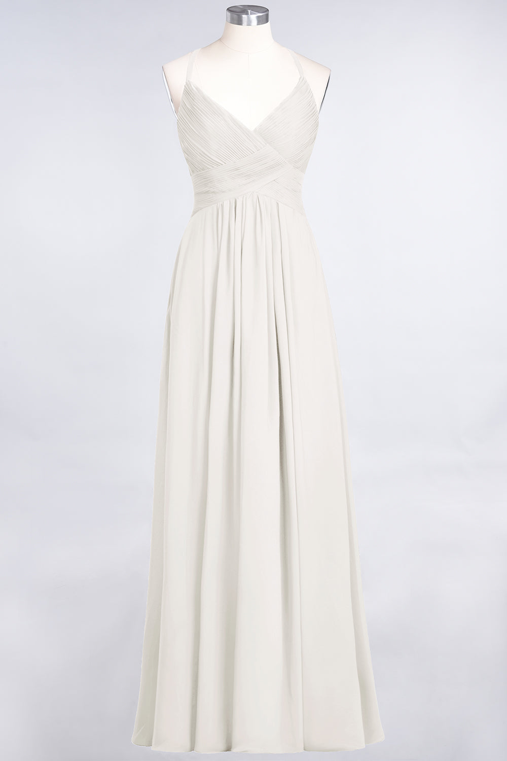 A-Line Chiffon Spaghetti Straps V-Neck Sleeveless Floor Length Bridesmaid Dress with Ruffles