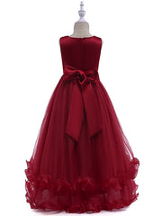 Burgundy Long A-line Tulle Sleeveless Jewel Neck Flower Girl Dresses