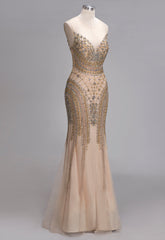 Long Mermaid Sleeveless Floor Length Backless Formal Evening Dresses with Beading