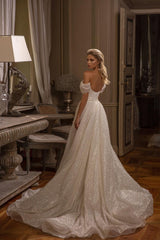 Modern Glitter Long A-line Off the Shoulder Wedding Dresses