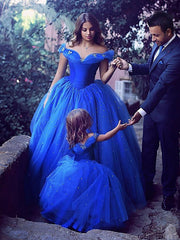 Royal Blue Long Off the Shoulder Ball Gown Tulle Flower Girl Dresses