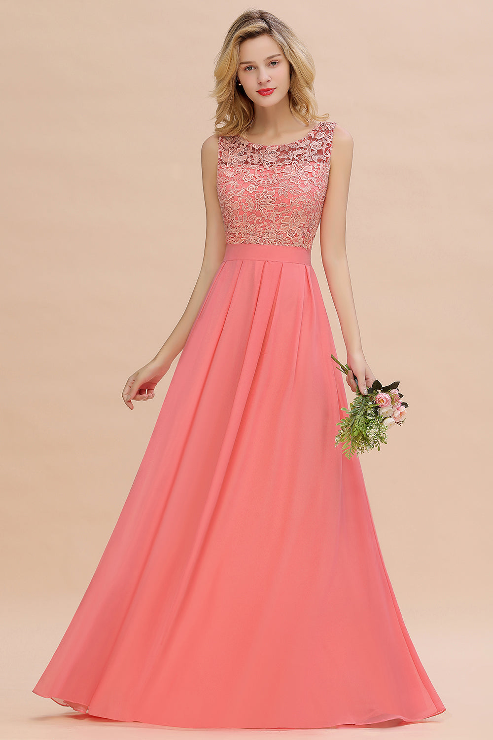 Beautiful Bateau A-line Floor Length Appliques Lace Chiffon Bridesmaid Dress