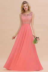 Beautiful Bateau A-line Floor Length Appliques Lace Chiffon Bridesmaid Dress