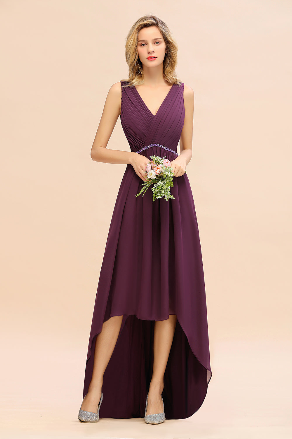 Stylish Deep V-neck Backless High Low A-Line Bridesmaid Dress With Beading Sash