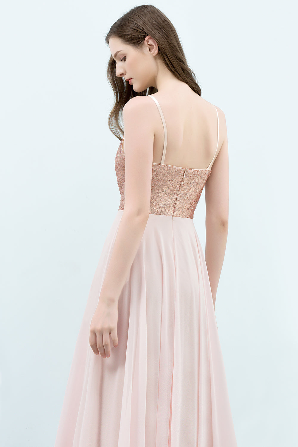 A-line Chiffon Sequined Spaghetti Straps Sleeveless Floor Length Bridesmaid Dress
