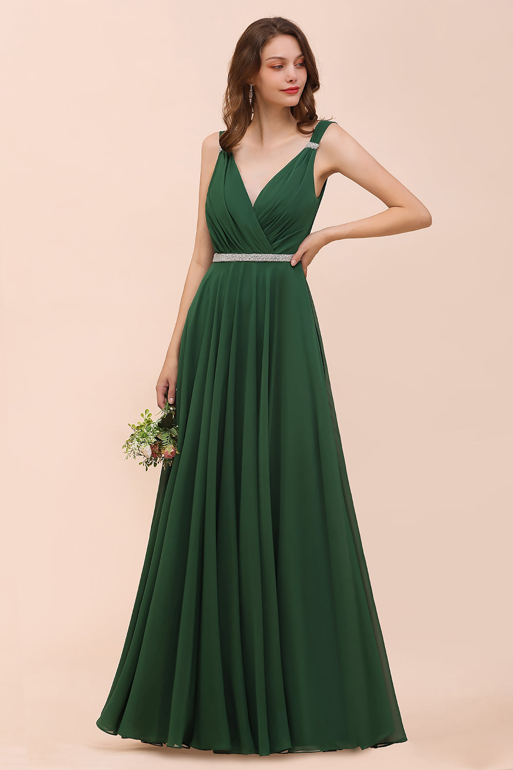 Gorgeous Long A-ine V-Neck Chiffon Bridesmaid Dress with Beading Sash
