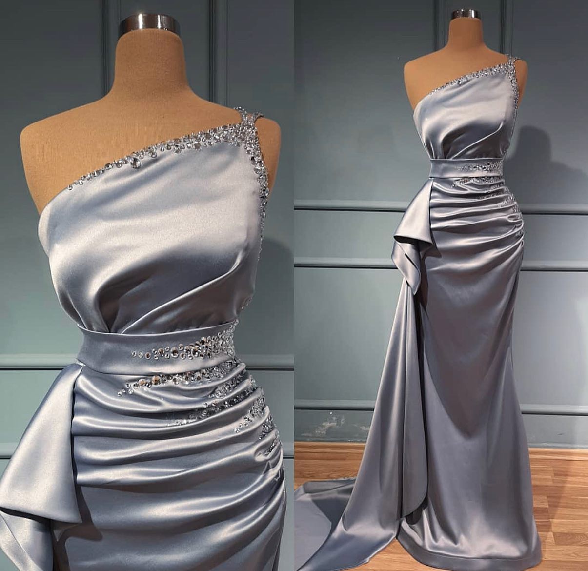Elegant Long Mermaid One Shoulder Satin Glitter Prom Dress
