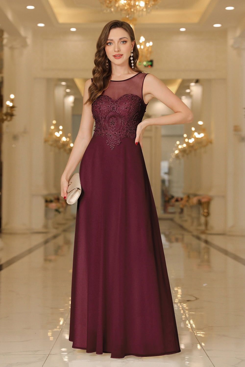 Elegant Long Scoop Neck Sleeveless Lace Appliques Chiffon Evening Dress
